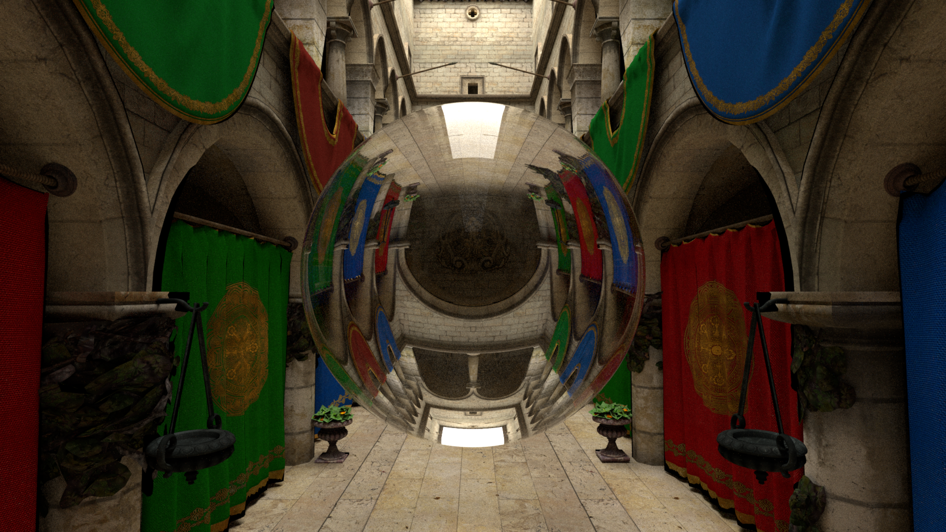 Sponza atrium with a glass sphere rendered by Kestrel